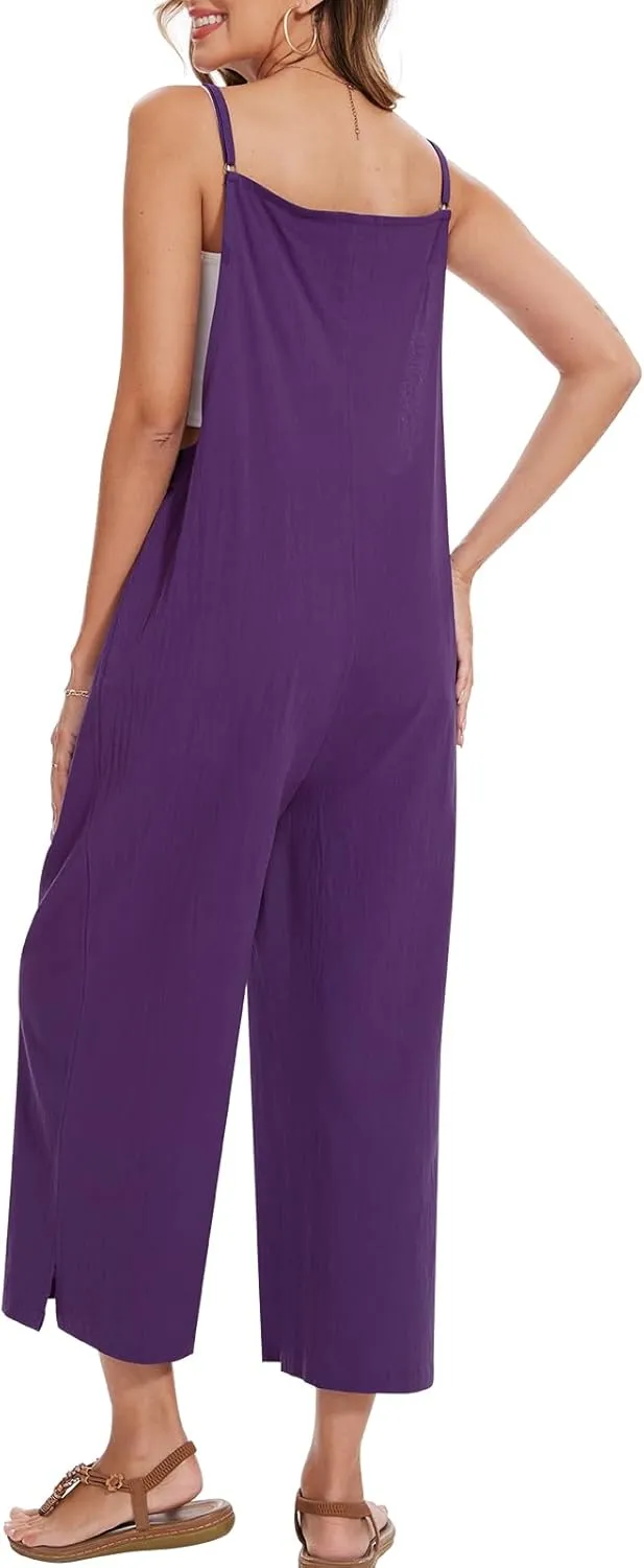 Women Casual Long Bib Pants Overalls Jumpsuits Loose Wide Leg Baggy Rompers Pants with Pockets