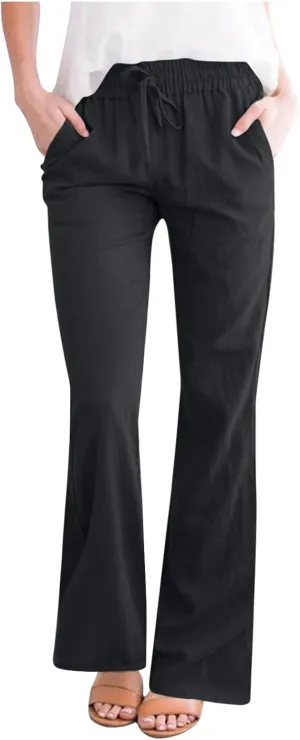 Women Cotton Linen Flare Pants Summer Drawstring Bootcut Trousers Boho Beach Lightweight Slacks Ladies Travel Clothes