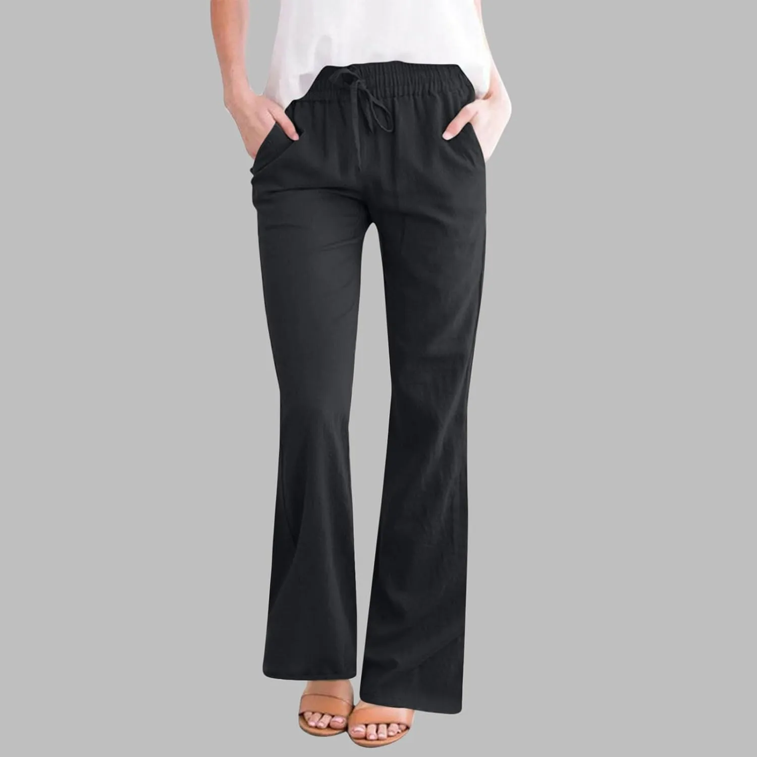Women Cotton Linen Flare Pants Summer Drawstring Bootcut Trousers Boho Beach Lightweight Slacks Ladies Travel Clothes