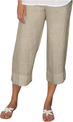 Women Cotton Linen Straight Leg Capri Pants, Lightweight Elastic Waist Summer Casual Trousers Summer Vacation Clothes