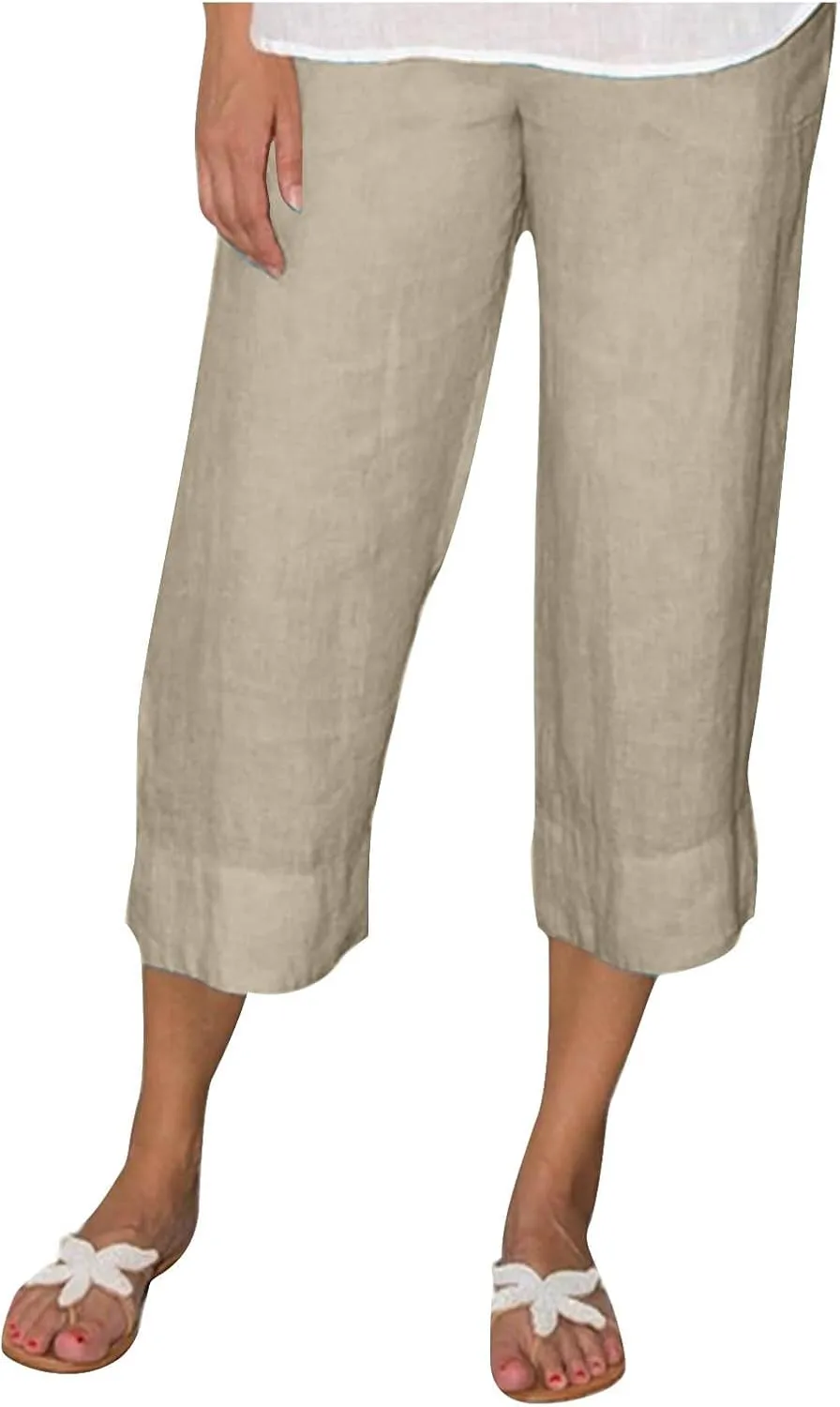 Women Cotton Linen Straight Leg Capri Pants, Lightweight Elastic Waist Summer Casual Trousers Summer Vacation Clothes