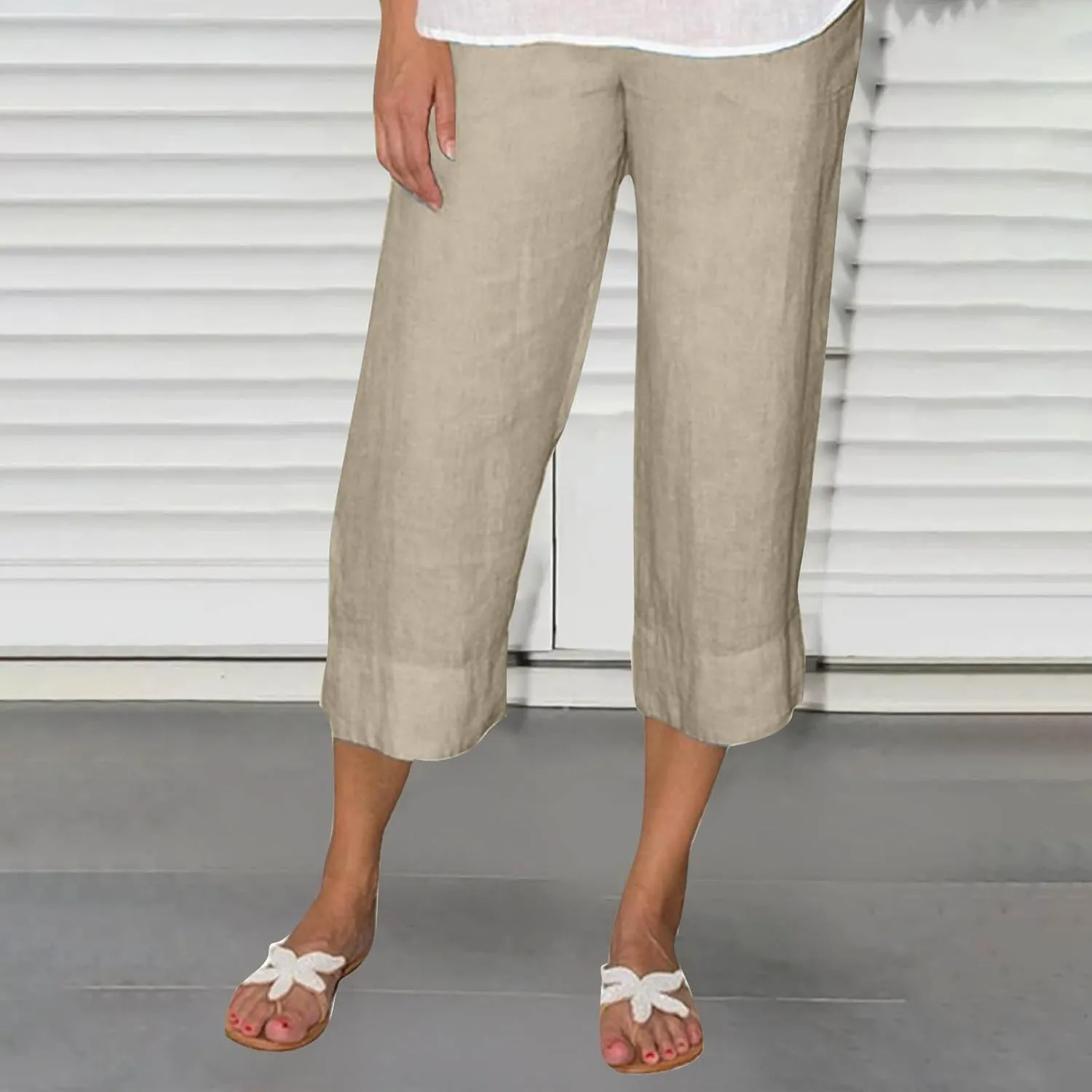 Women Cotton Linen Straight Leg Capri Pants, Lightweight Elastic Waist Summer Casual Trousers Summer Vacation Clothes