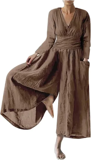 Women Coveralls Overalls Pants Catsuit for Women Linen Loose Fit Thin Flare Wide Leg Fall Summer Coveralls 2025