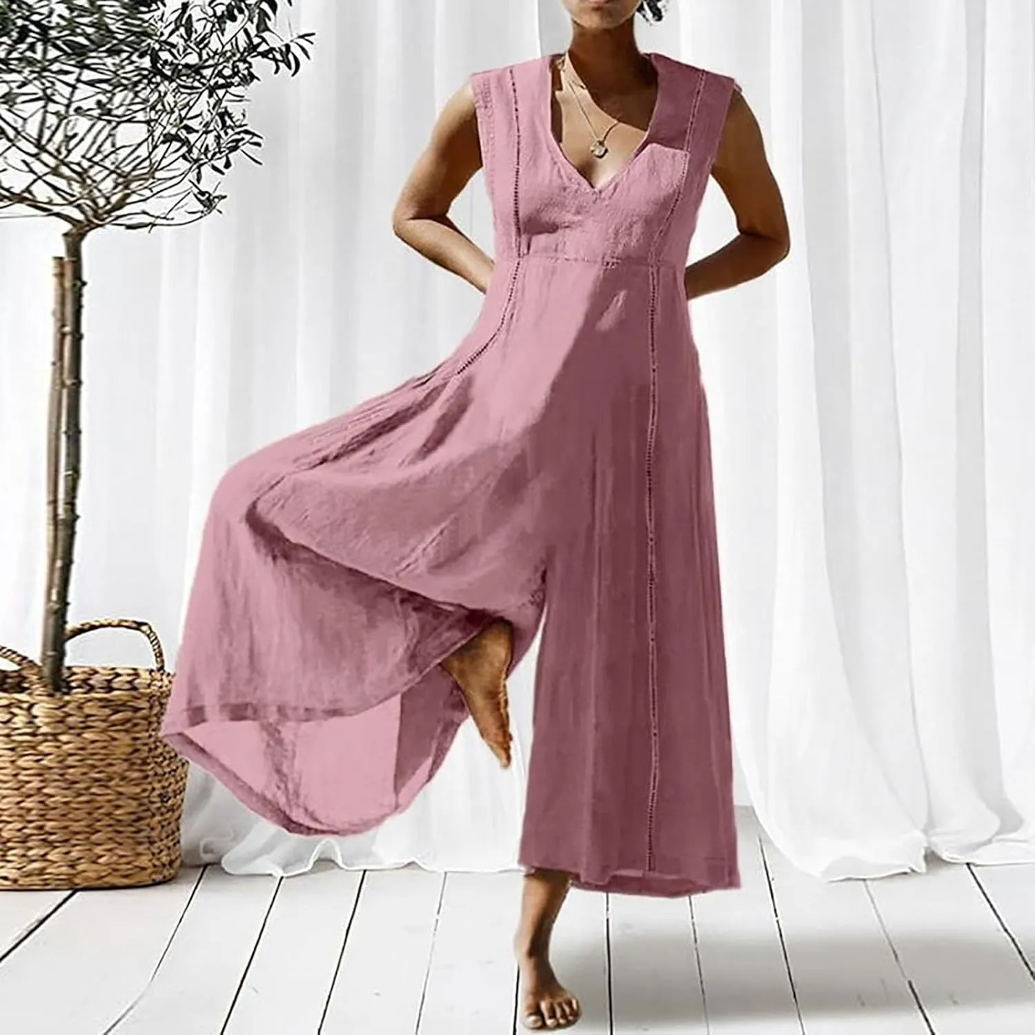 Women Coveralls Overalls Pants Catsuit for Women Linen Loose Fit Thin Flare Wide Leg Fall Summer Coveralls 2025
