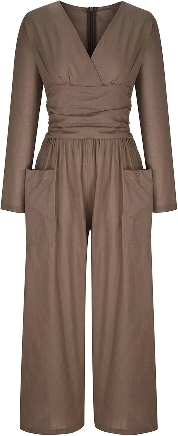 Women Coveralls Overalls Pants Catsuit for Women Linen Loose Fit Thin Flare Wide Leg Fall Summer Coveralls 2025