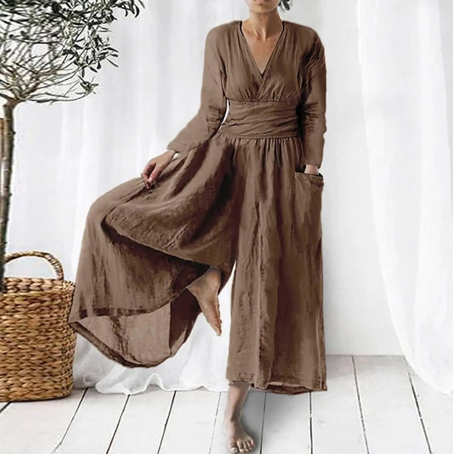 Women Coveralls Overalls Pants Catsuit for Women Linen Loose Fit Thin Flare Wide Leg Fall Summer Coveralls 2025