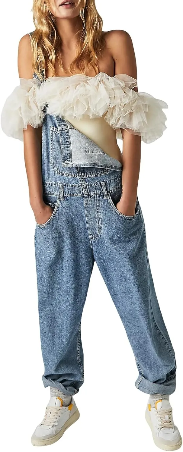 Women Denim Bib Jumpsuits Adjustable Straps High Waist Casual Jean Pants with Pockets overalls for women