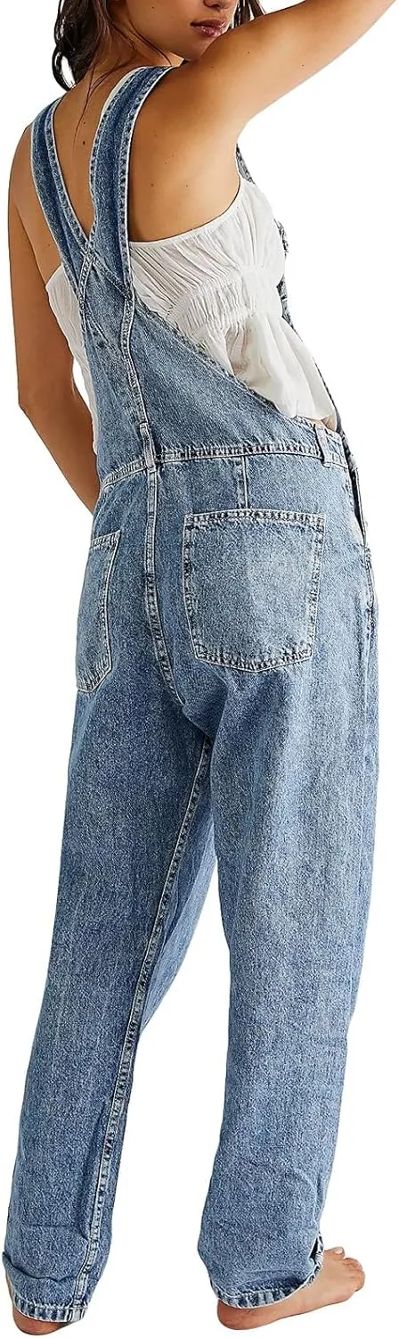 Women Denim Bib Jumpsuits Adjustable Straps High Waist Casual Jean Pants with Pockets overalls for women
