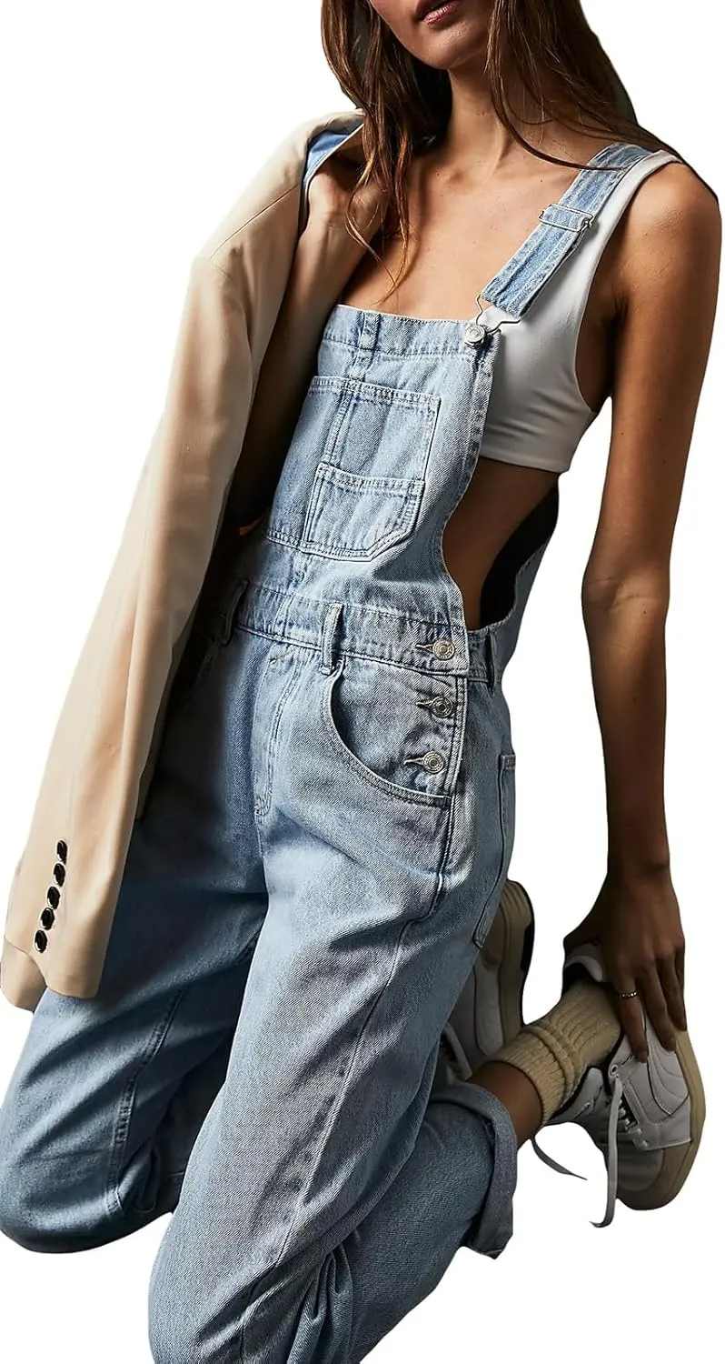 Women Denim Bib Jumpsuits Adjustable Straps High Waist Casual Jean Pants with Pockets overalls for women