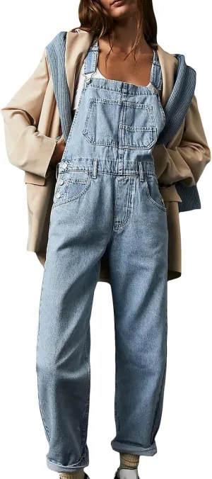 Women Denim Bib Jumpsuits Adjustable Straps High Waist Casual Jean Pants with Pockets overalls for women
