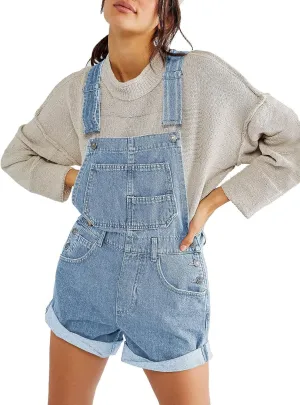 Women Denim Bib Overalls Solid Color Adjustable Straps Baggy Shorts Jean Jumpsuit Romper with Pockets for Streetwear