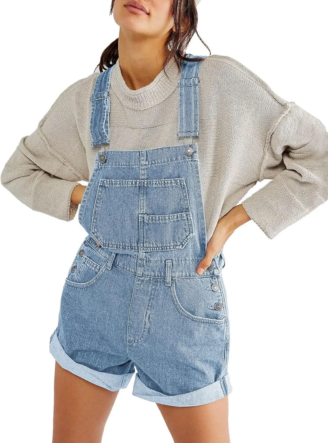 Women Denim Bib Overalls Solid Color Adjustable Straps Baggy Shorts Jean Jumpsuit Romper with Pockets for Streetwear