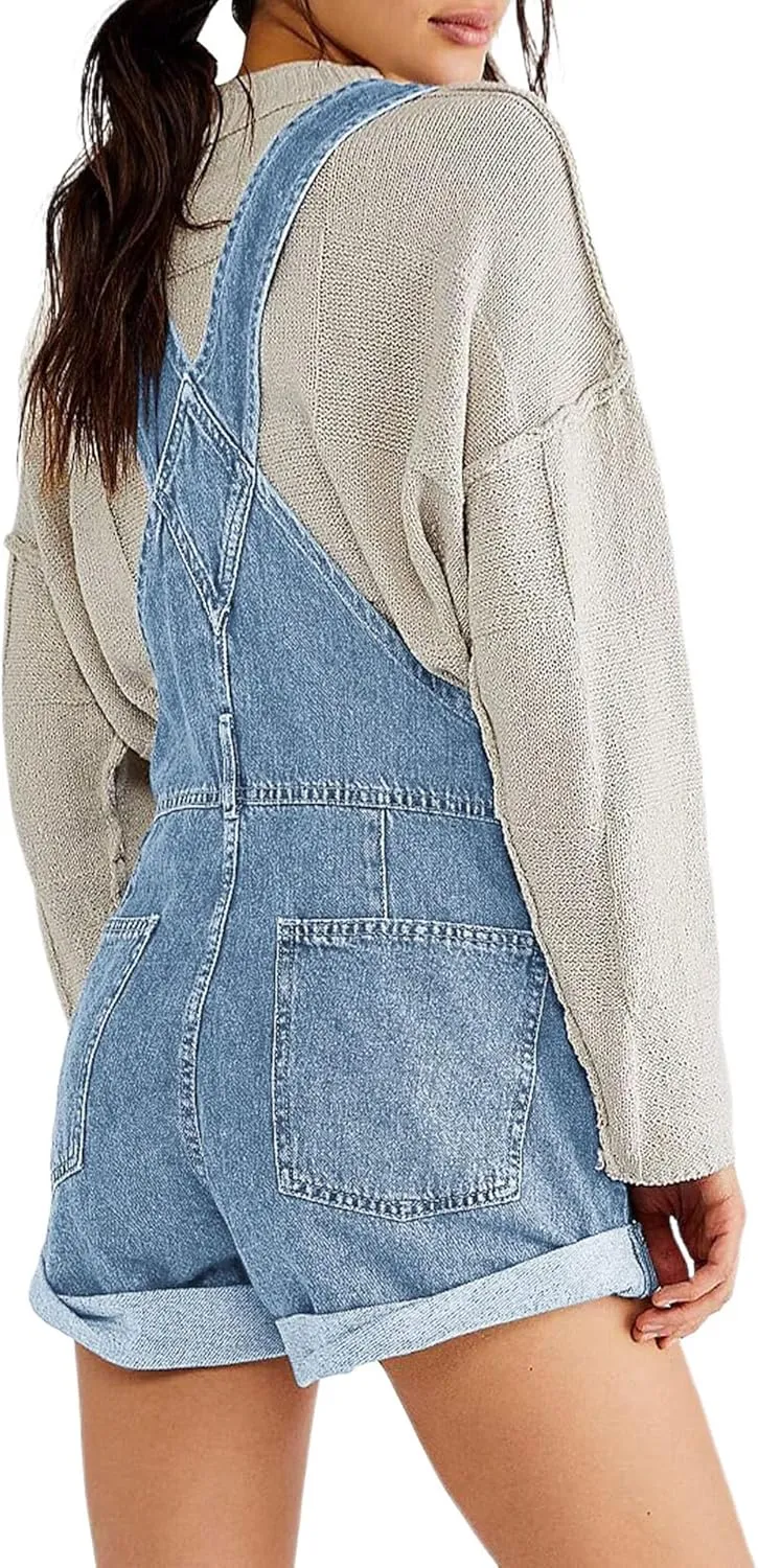 Women Denim Bib Overalls Solid Color Adjustable Straps Baggy Shorts Jean Jumpsuit Romper with Pockets for Streetwear