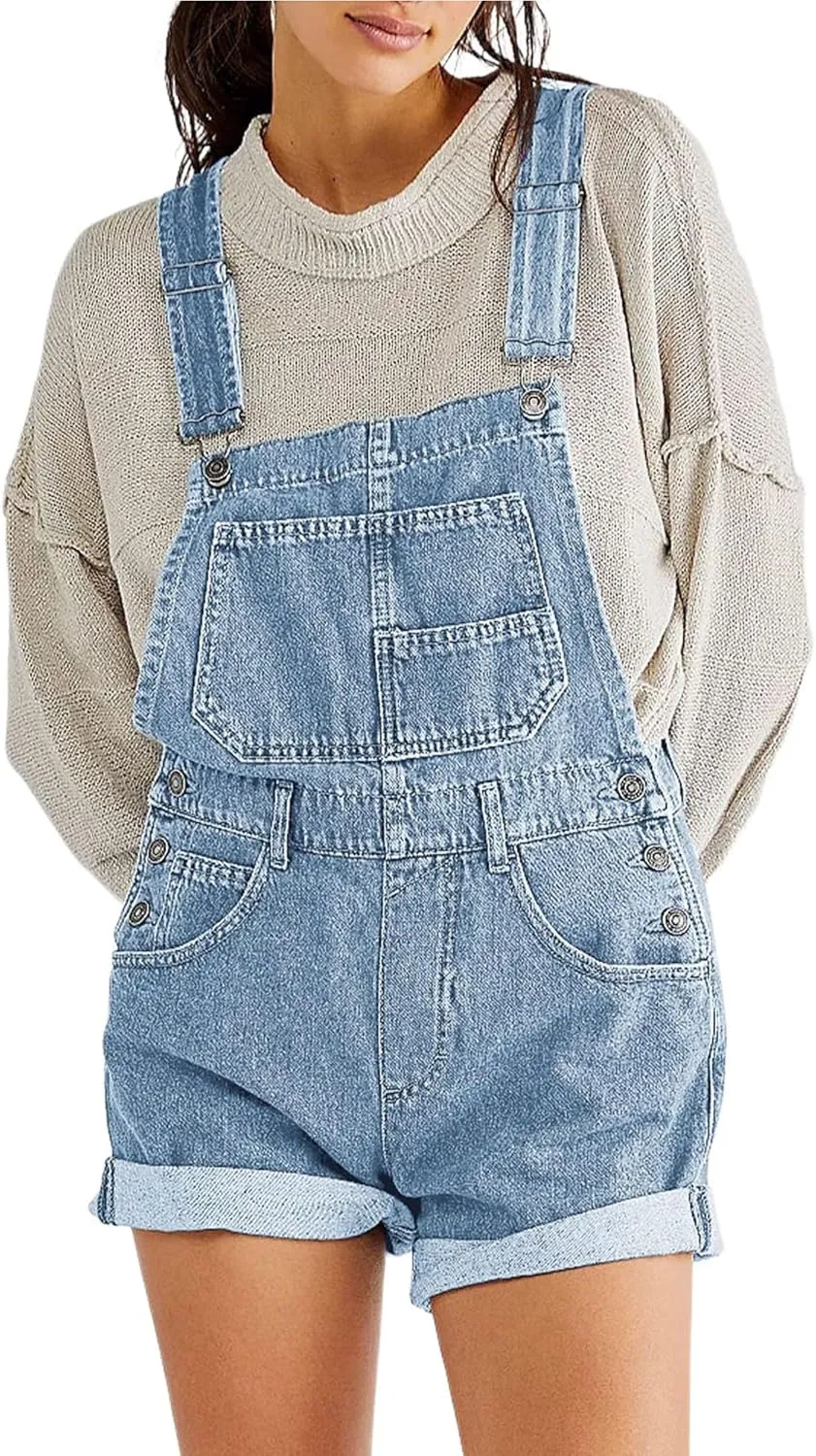 Women Denim Bib Overalls Solid Color Adjustable Straps Baggy Shorts Jean Jumpsuit Romper with Pockets for Streetwear