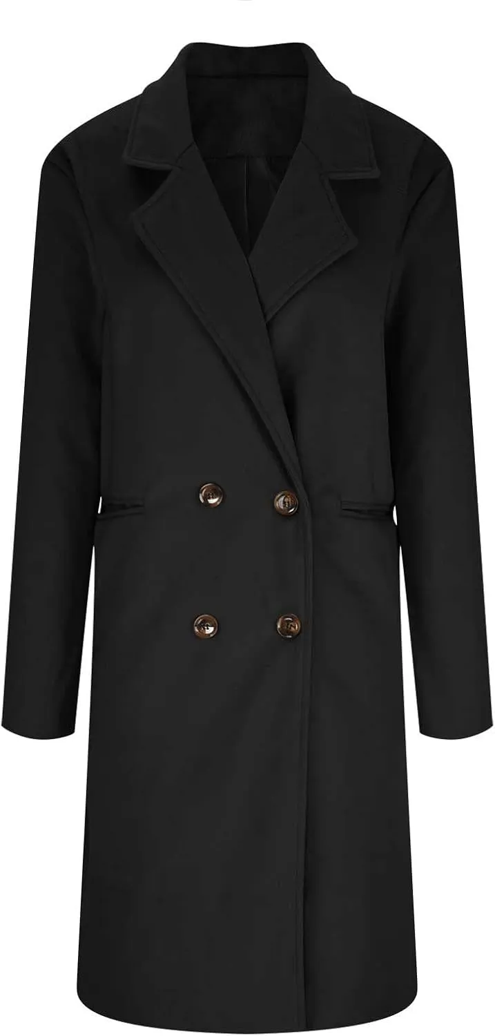 Women Elegant Notched Collar Double Breasted Pockets Wool Blend Over Coat Fall Winter Casual Peacoat Midi Trench Coats