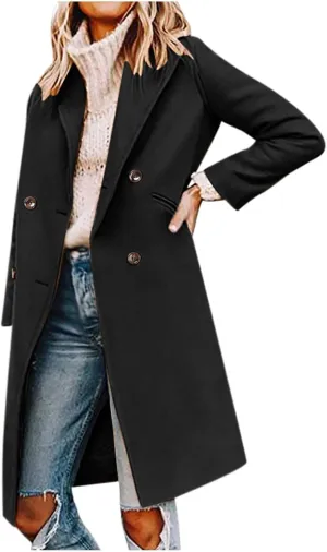 Women Elegant Notched Collar Double Breasted Pockets Wool Blend Over Coat Fall Winter Casual Peacoat Midi Trench Coats