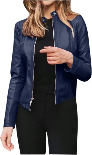 Women Faux Leather Casual Jacket, Fall and Spring Fashion Motorcycle Bike Jacket Coat Zip Up Cardigan Outerwear