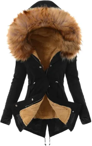 Women Faux Leather Trench Coat Fleece-Lined Mid-Length Jacket Winter Outwear Thicken Jackets with Hood