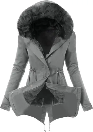 Women Faux Leather Trench Coat Fleece-Lined Mid-Length Jacket Winter Outwear Thicken Jackets with Hood