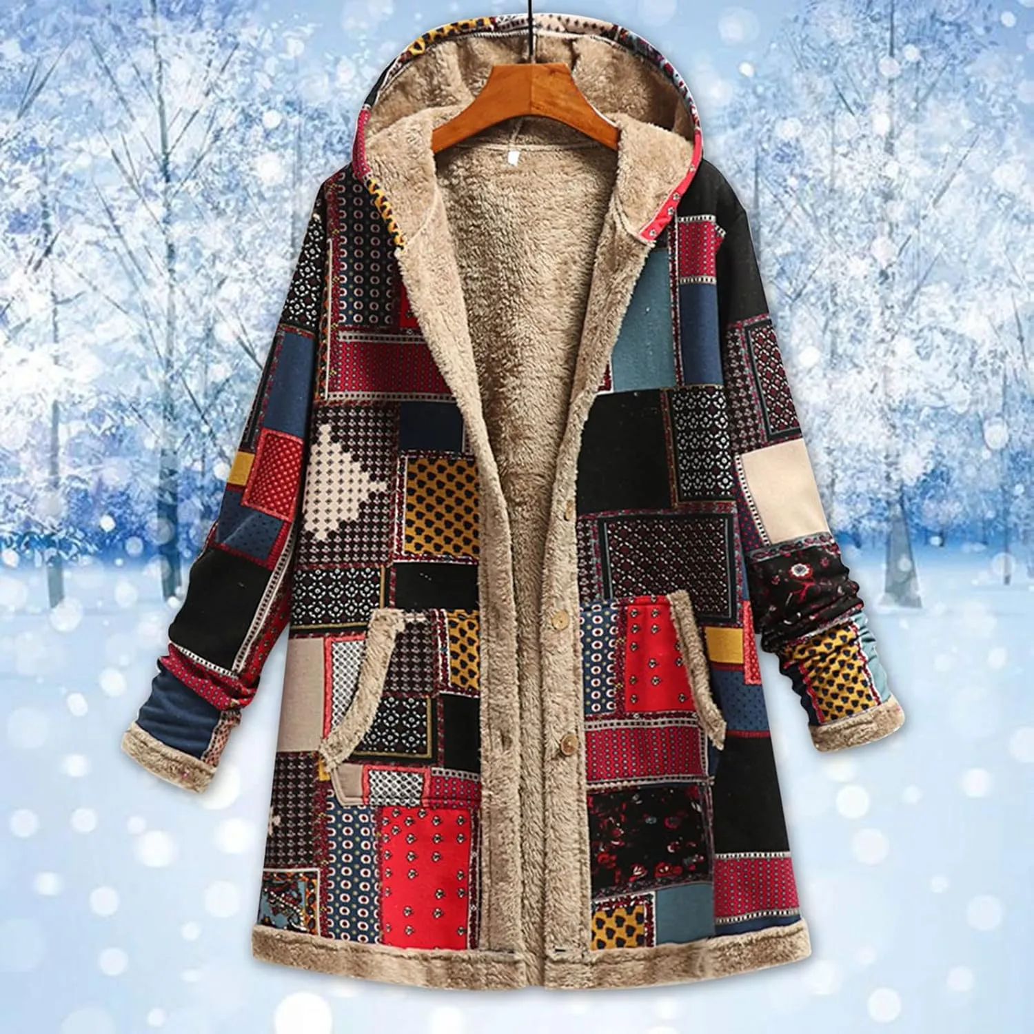 Women Fuzzy Jacket Shearling Lined Fleece Coat Fashion Patchwork Long Sleeve Open Front Cardigan Warm Winter Outwear