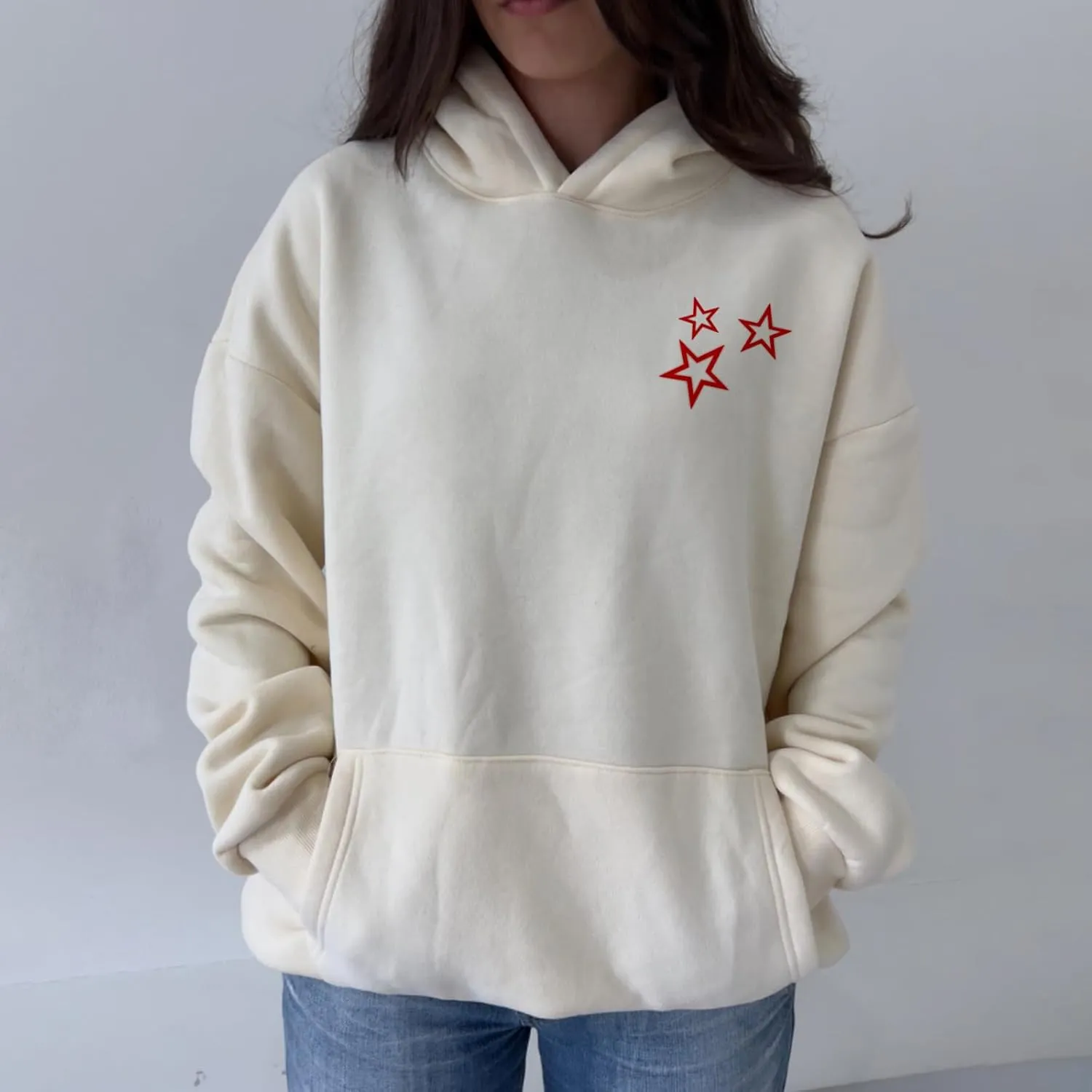 Women Graphic Star Oversized Hoodie Long Sleeve Casual Loose Fall Aesthetic Hooded Sweatshirt with Pocket Streetwear