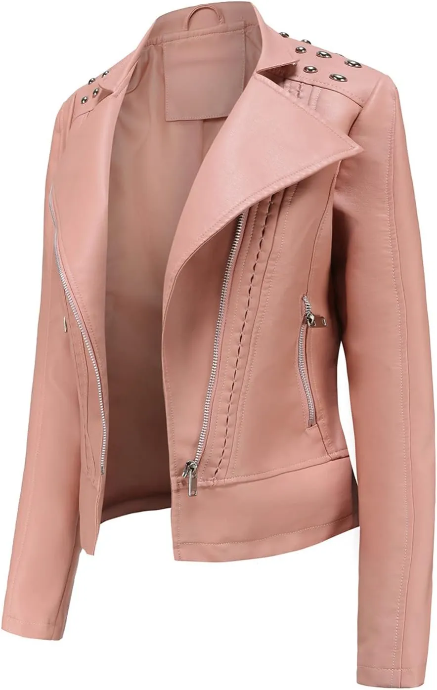 Women Leather Jacket Faux Motorcycle Coat Short Lightweight Pleather Crop Coat Fashion ZIpper Fleece Cardigan Womens Coat