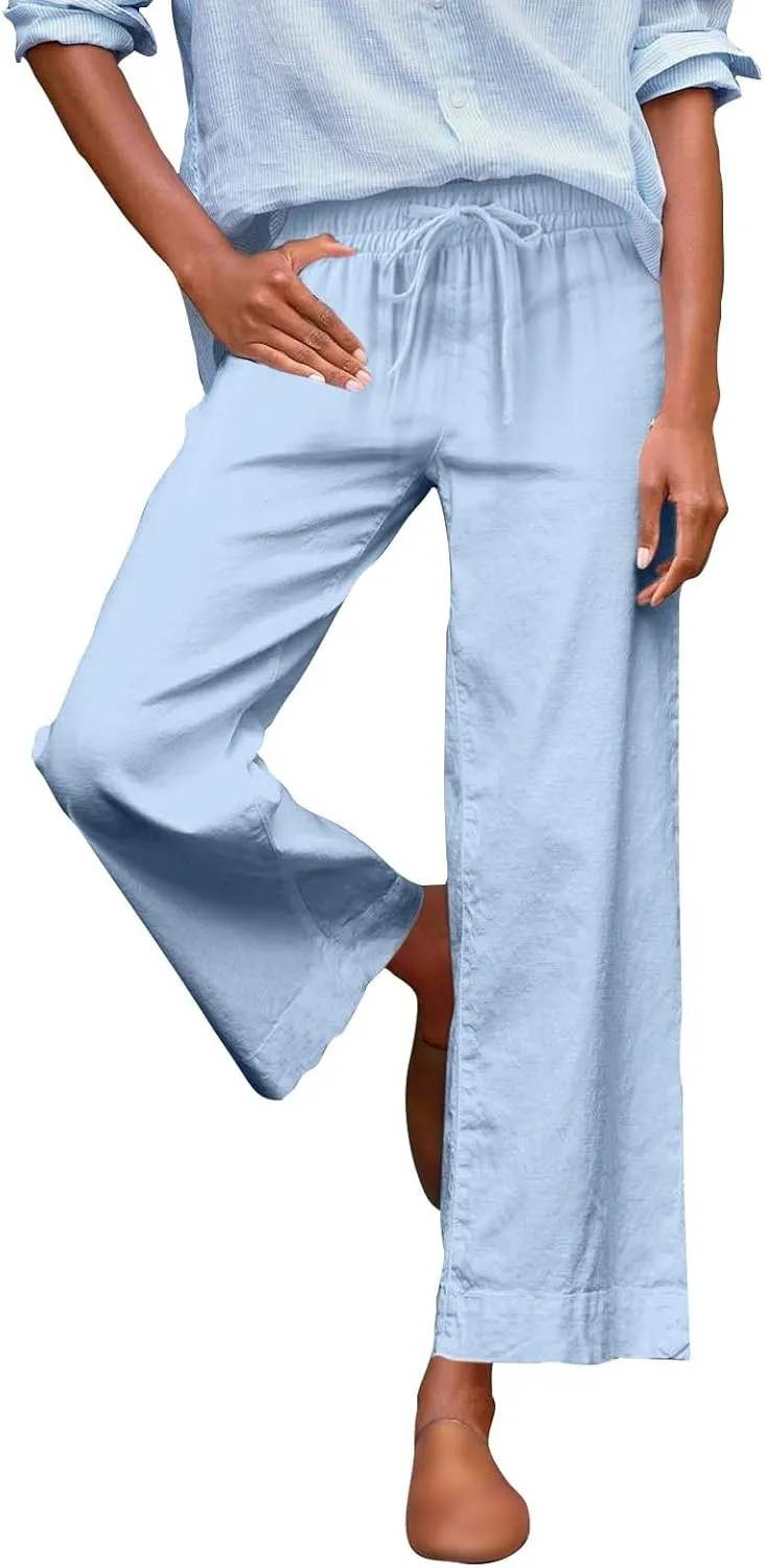 Women Linen Dress Pants Wide Leg Capri Pant Summer High Waisted Cropped Slacks Boho Flowy Palazzo Trouser with Pockets