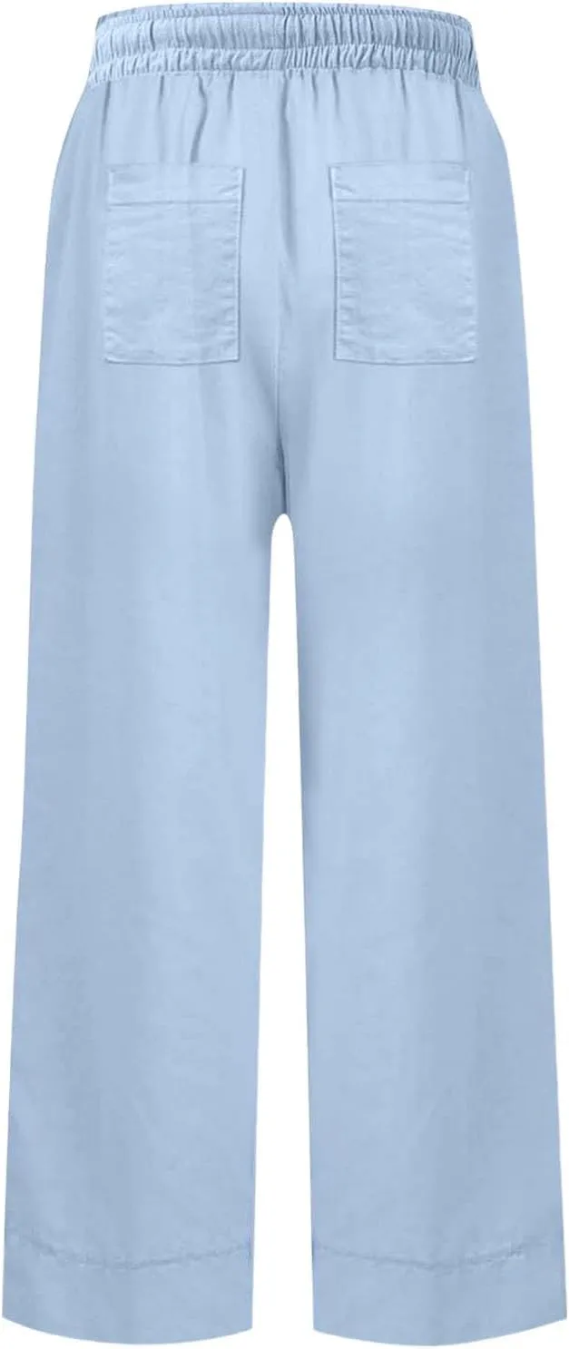 Women Linen Dress Pants Wide Leg Capri Pant Summer High Waisted Cropped Slacks Boho Flowy Palazzo Trouser with Pockets
