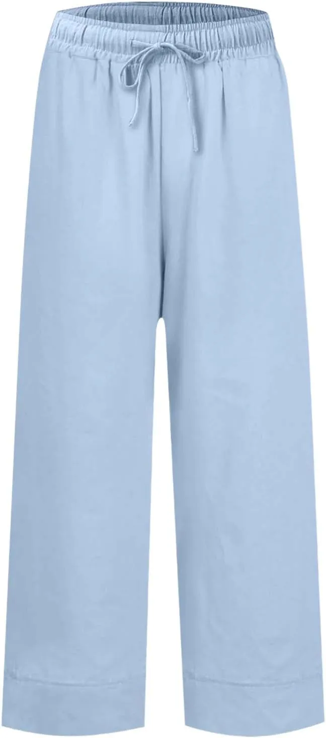 Women Linen Dress Pants Wide Leg Capri Pant Summer High Waisted Cropped Slacks Boho Flowy Palazzo Trouser with Pockets