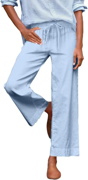 Women Linen Dress Pants Wide Leg Capri Pant Summer High Waisted Cropped Slacks Boho Flowy Palazzo Trouser with Pockets