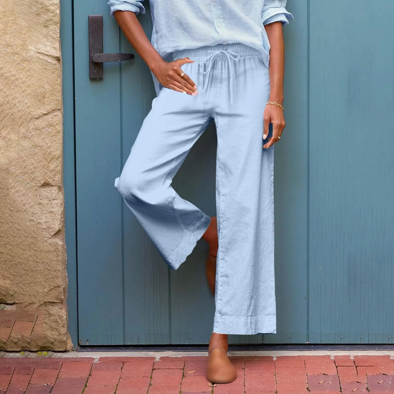 Women Linen Dress Pants Wide Leg Capri Pant Summer High Waisted Cropped Slacks Boho Flowy Palazzo Trouser with Pockets