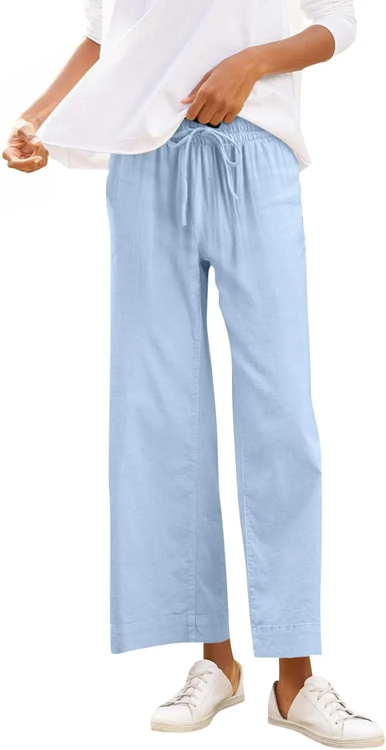 Women Linen Dress Pants Wide Leg Capri Pant Summer High Waisted Cropped Slacks Boho Flowy Palazzo Trouser with Pockets
