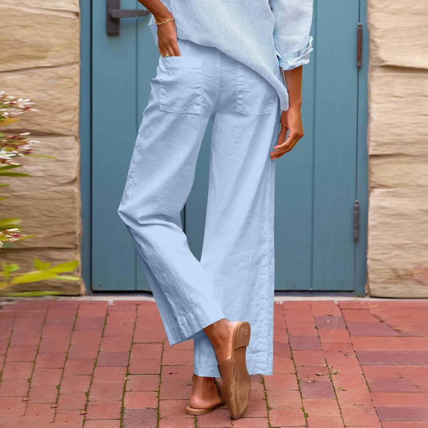 Women Linen Dress Pants Wide Leg Capri Pant Summer High Waisted Cropped Slacks Boho Flowy Palazzo Trouser with Pockets