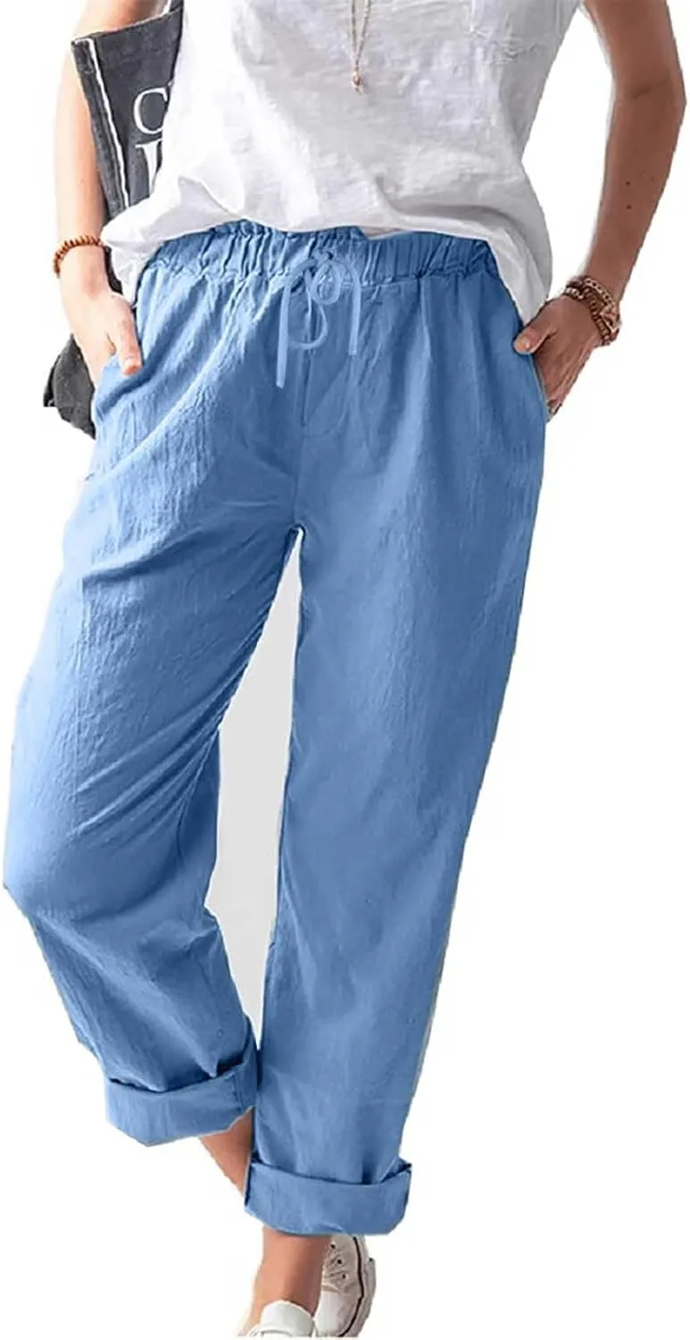 Women Linen Pant Summer Casual Roll Up Straight Leg Trousers Elastic Waist Drawstring Slacks Lounge Pants with Pocket