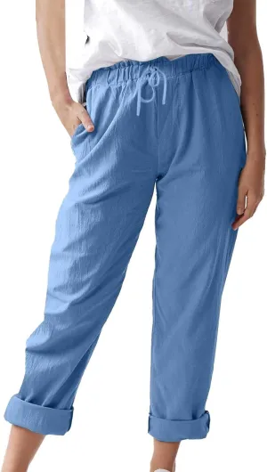 Women Linen Pant Summer Casual Roll Up Straight Leg Trousers Elastic Waist Drawstring Slacks Lounge Pants with Pocket