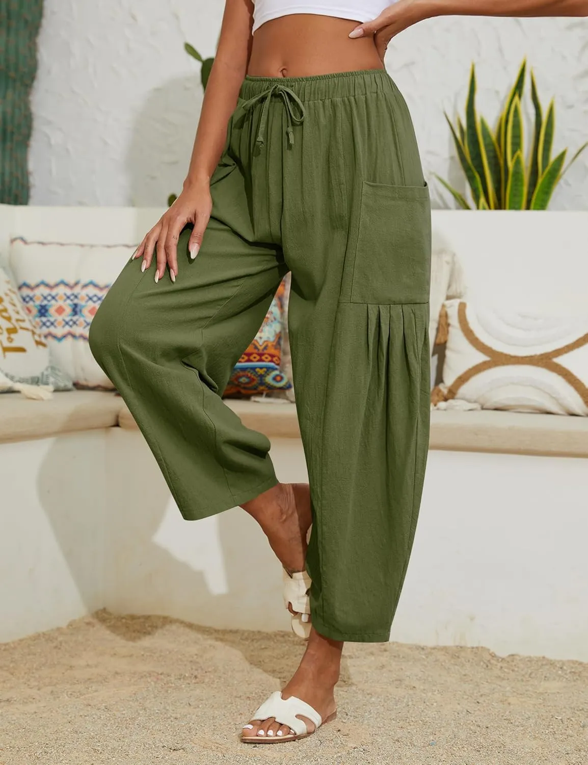 Women Linen Pants Wide Leg Boho Pants Loose Lightweigt Beach Palazzo Harem Pants with Pockets