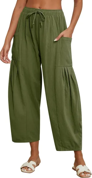 Women Linen Pants Wide Leg Boho Pants Loose Lightweigt Beach Palazzo Harem Pants with Pockets