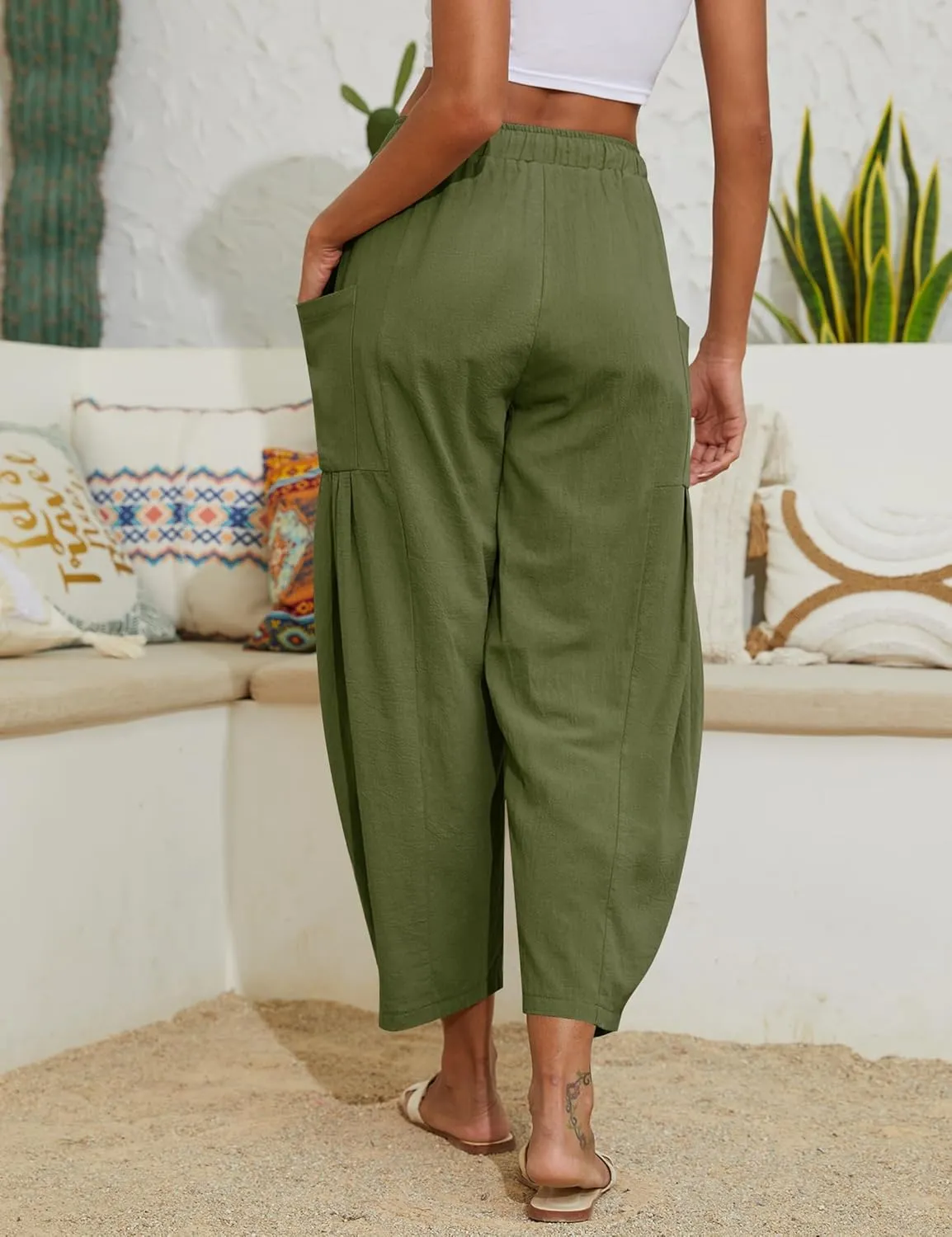 Women Linen Pants Wide Leg Boho Pants Loose Lightweigt Beach Palazzo Harem Pants with Pockets