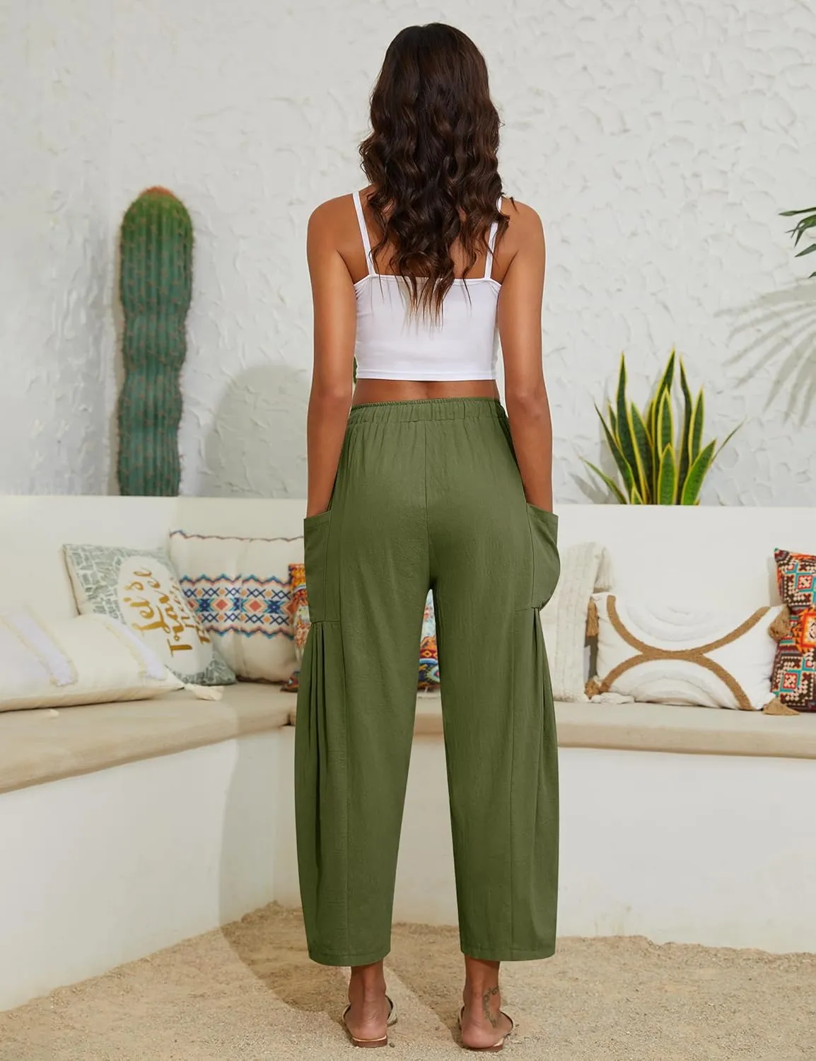 Women Linen Pants Wide Leg Boho Pants Loose Lightweigt Beach Palazzo Harem Pants with Pockets
