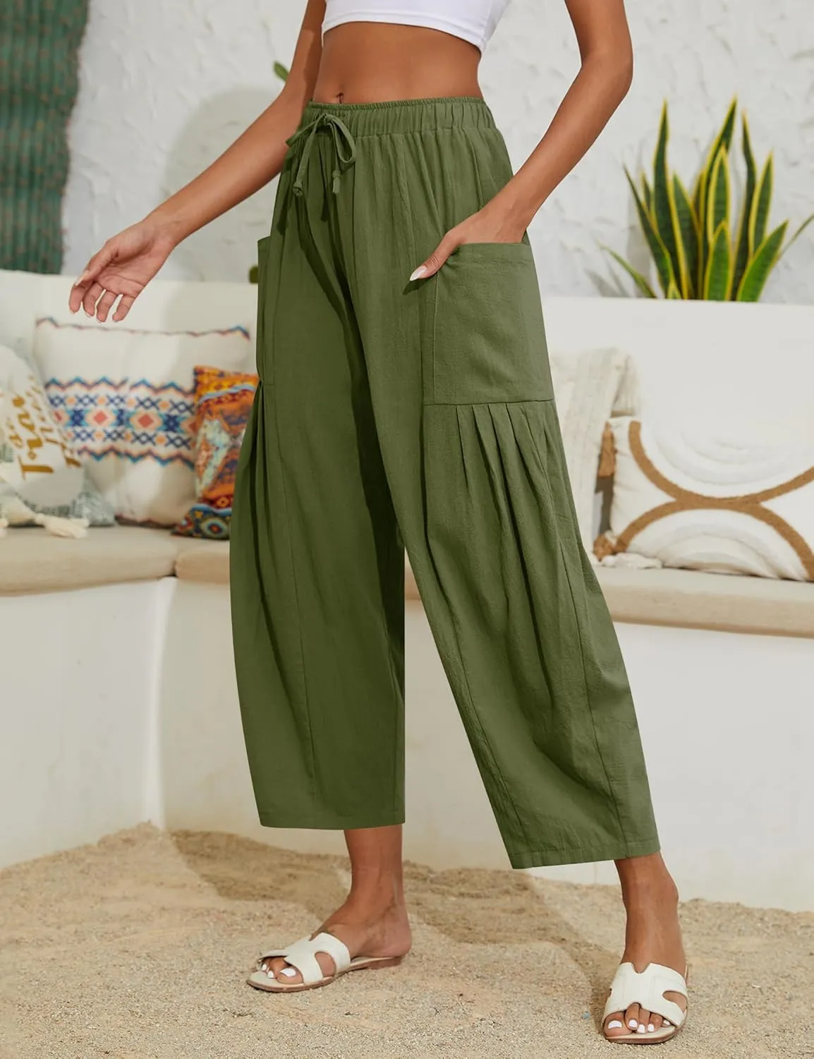 Women Linen Pants Wide Leg Boho Pants Loose Lightweigt Beach Palazzo Harem Pants with Pockets