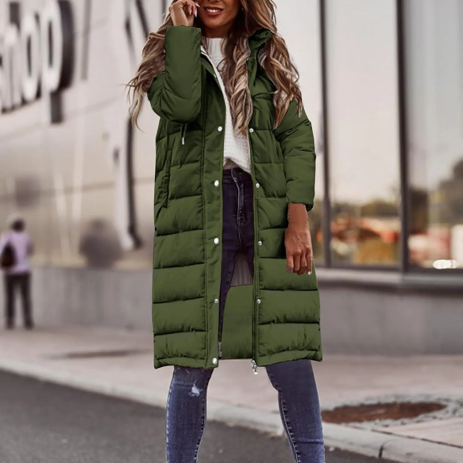 Women Long Puffer Coat Winter Warm Long Sleeve Padded Down Quilted Jackets Fashion Hooded Coats Lightweight Parka Jacket