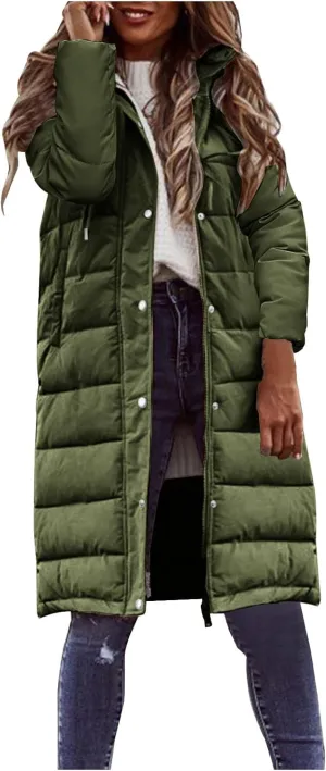 Women Long Puffer Coat Winter Warm Long Sleeve Padded Down Quilted Jackets Fashion Hooded Coats Lightweight Parka Jacket