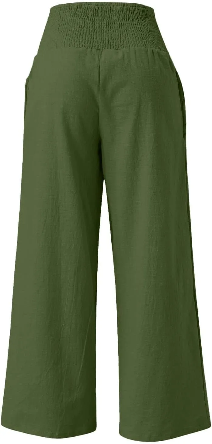 Women Palazzo Linen Pants Smocked High Waisted Wide Leg Pants Casual Summer Beach Pants Lounge Trousers with Pockets