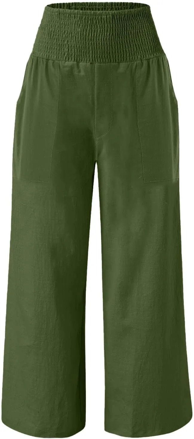 Women Palazzo Linen Pants Smocked High Waisted Wide Leg Pants Casual Summer Beach Pants Lounge Trousers with Pockets