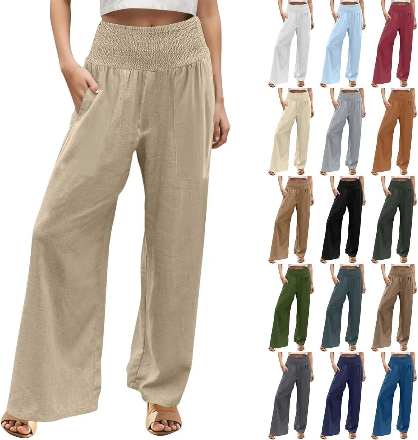 Women Palazzo Linen Pants Smocked High Waisted Wide Leg Pants Casual Summer Beach Pants Lounge Trousers with Pockets