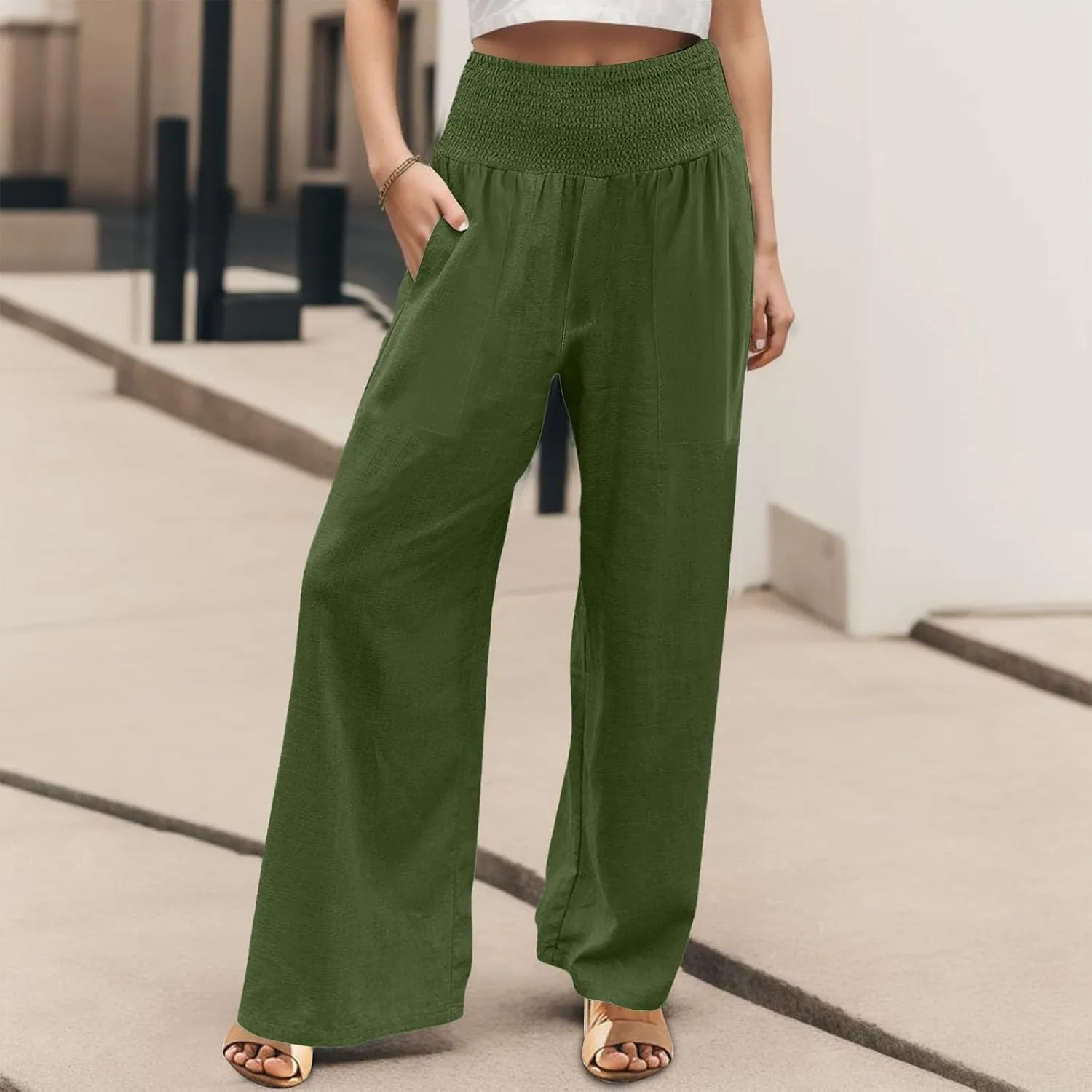 Women Palazzo Linen Pants Smocked High Waisted Wide Leg Pants Casual Summer Beach Pants Lounge Trousers with Pockets