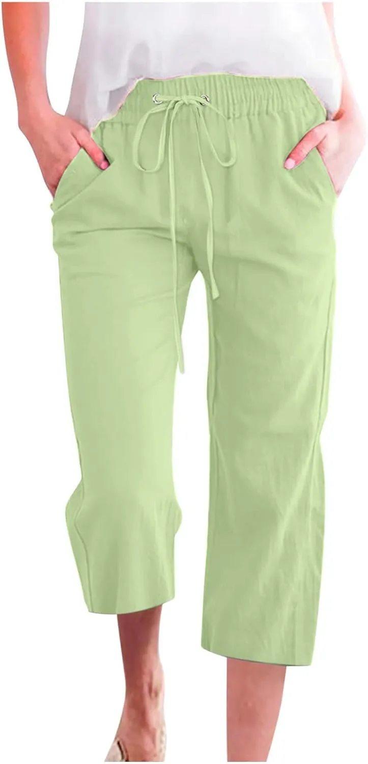 Women Plus Size Cotton Linen Capris Pants Drawstring Elastic High Waist Wide Leg Cropped Pants Lounge Trousers Slacks