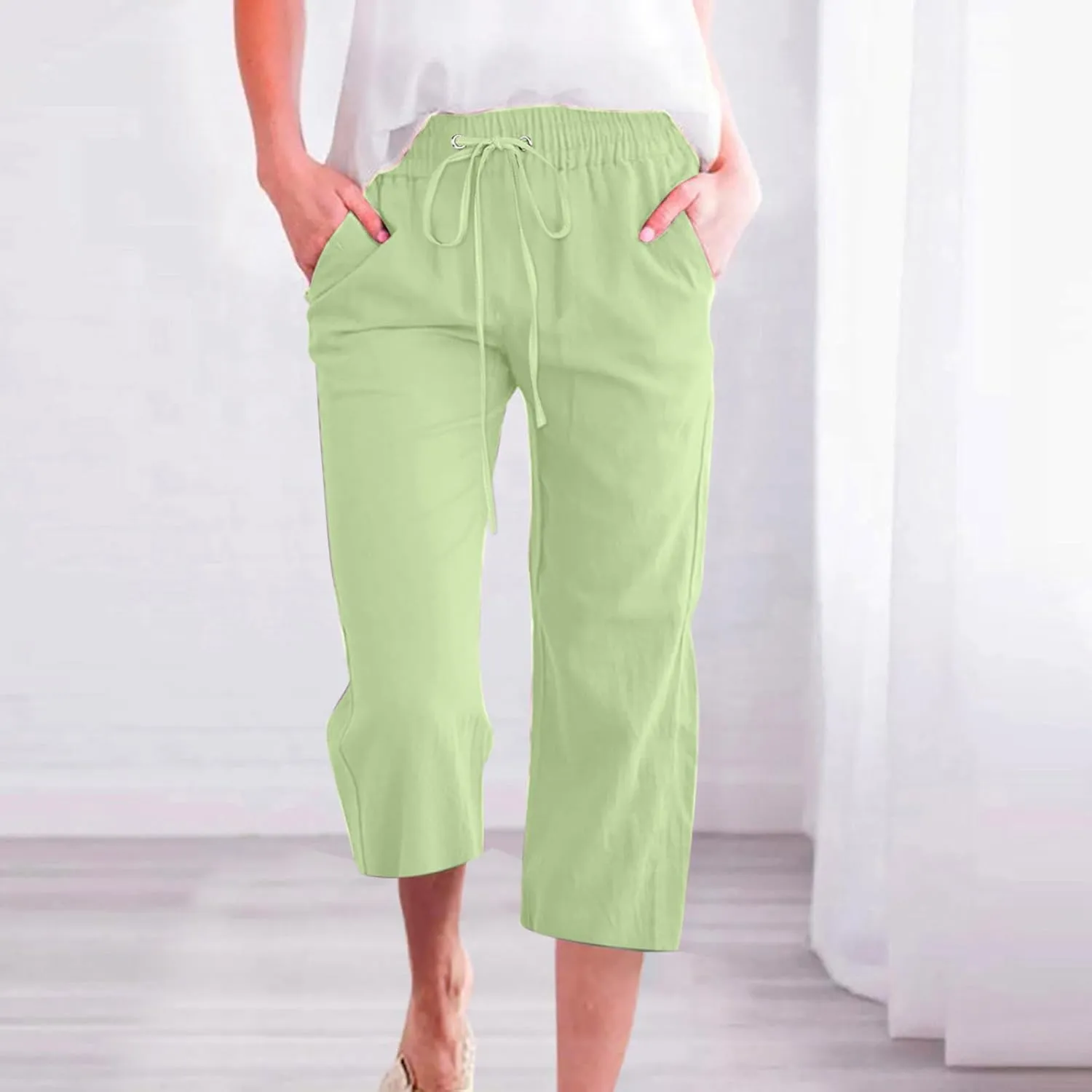 Women Plus Size Cotton Linen Capris Pants Drawstring Elastic High Waist Wide Leg Cropped Pants Lounge Trousers Slacks