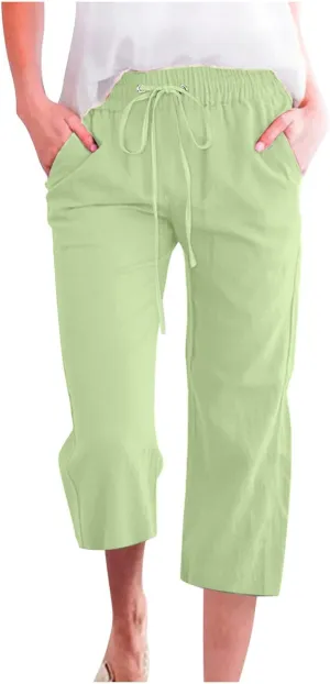 Women Plus Size Cotton Linen Capris Pants Drawstring Elastic High Waist Wide Leg Cropped Pants Lounge Trousers Slacks
