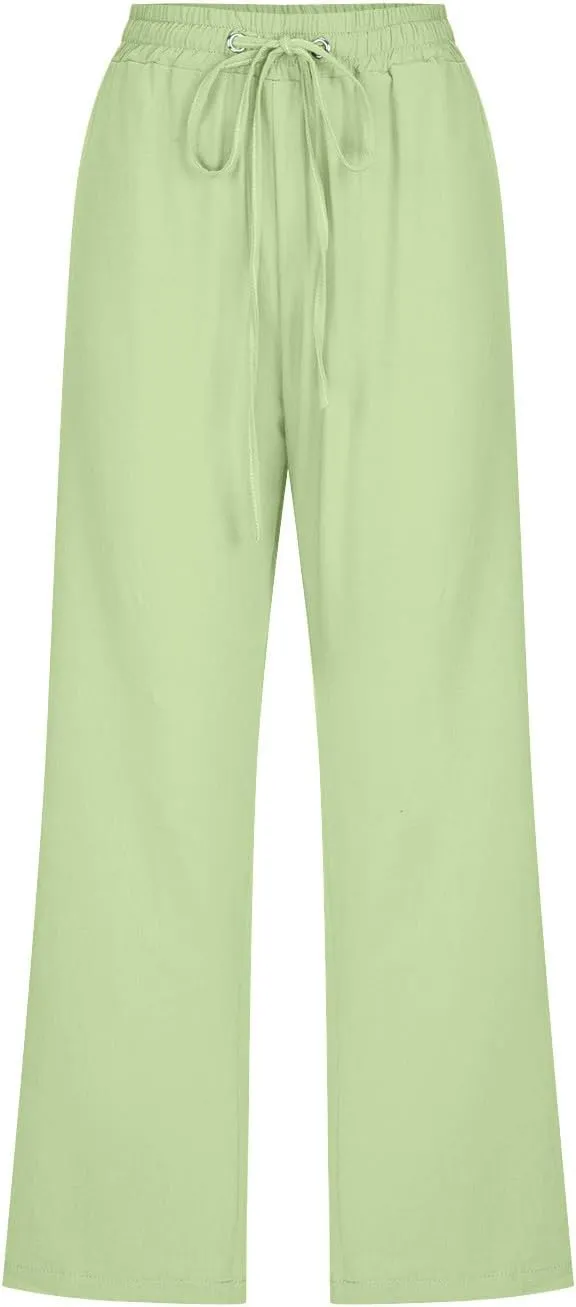 Women Plus Size Cotton Linen Capris Pants Drawstring Elastic High Waist Wide Leg Cropped Pants Lounge Trousers Slacks